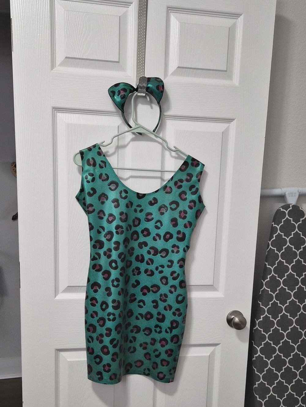 Turquoise Leopard Print Latez Dress With Latex Cat Ears